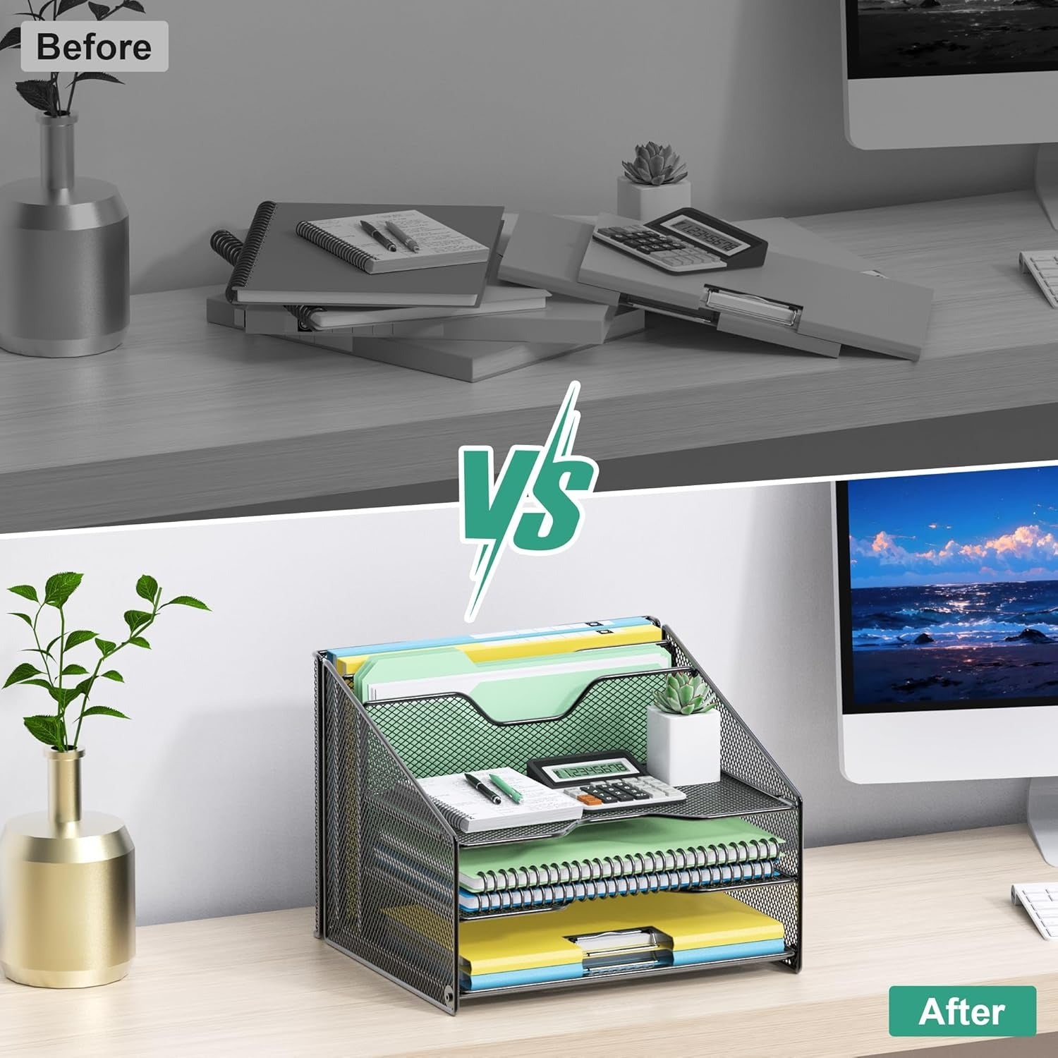 Schreibtisch Organizer mit Aktenhalter, 3-stufiger Papier Organizer+ 2 Vertikalen Fächern, Mesh Metall Schreibtisch Akten Organizer für A4-Aktenordner, Papier, Buch, Bürobedarf