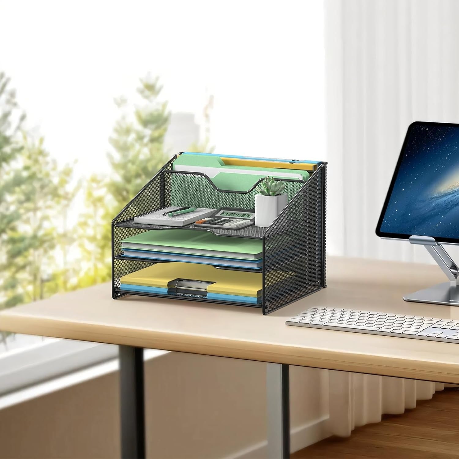 Schreibtisch Organizer mit Aktenhalter, 3-stufiger Papier Organizer+ 2 Vertikalen Fächern, Mesh Metall Schreibtisch Akten Organizer für A4-Aktenordner, Papier, Buch, Bürobedarf