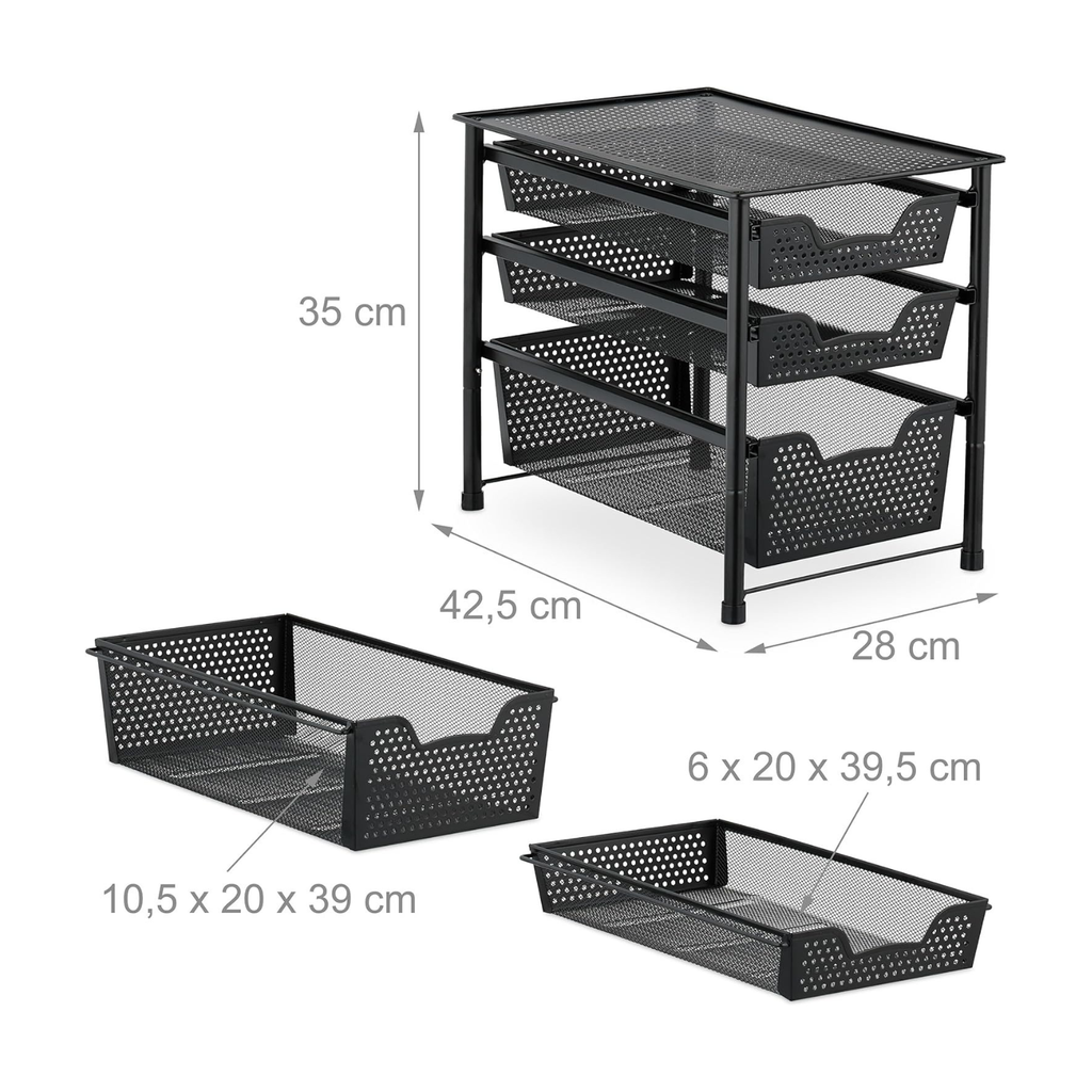 Schubladenregal, stapelbarer Büro Organizer, 3 Ausziehkörbe, Metall, Küche, Bad