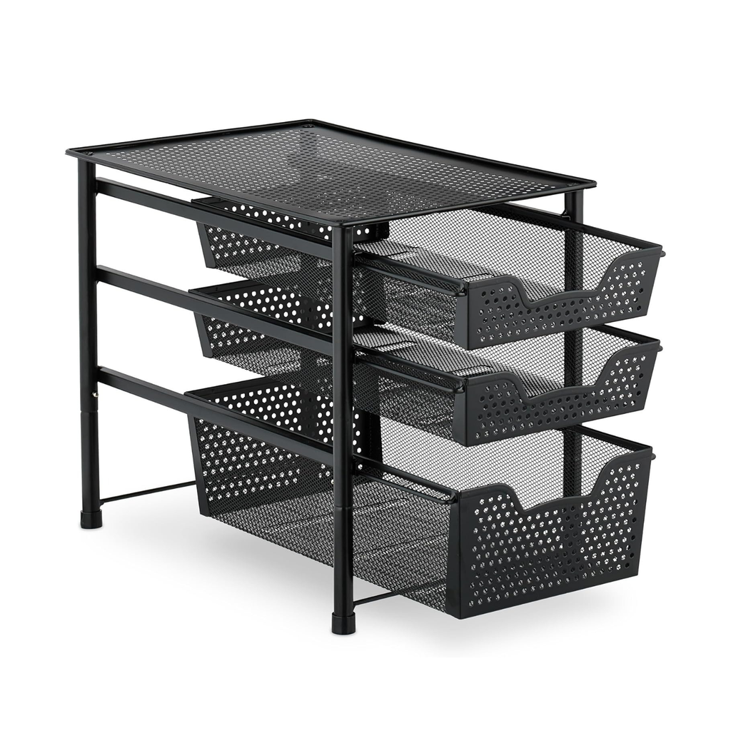 Schubladenregal, stapelbarer Büro Organizer, 3 Ausziehkörbe, Metall, Küche, Bad