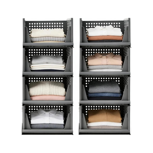 8 Stück Kleiderschrank Organizer Stapelbar Schrank Organizer Stapelbar Plastik Regal Platzsparende Aufbewahrungsbox für Kleidung, Küchen, Schlafzimmer, Grau