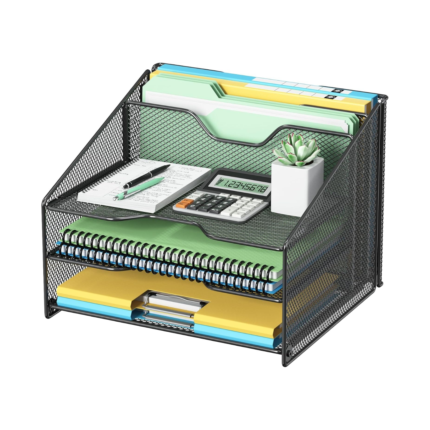 Schreibtisch Organizer mit Aktenhalter, 3-stufiger Papier Organizer+ 2 Vertikalen Fächern, Mesh Metall Schreibtisch Akten Organizer für A4-Aktenordner, Papier, Buch, Bürobedarf
