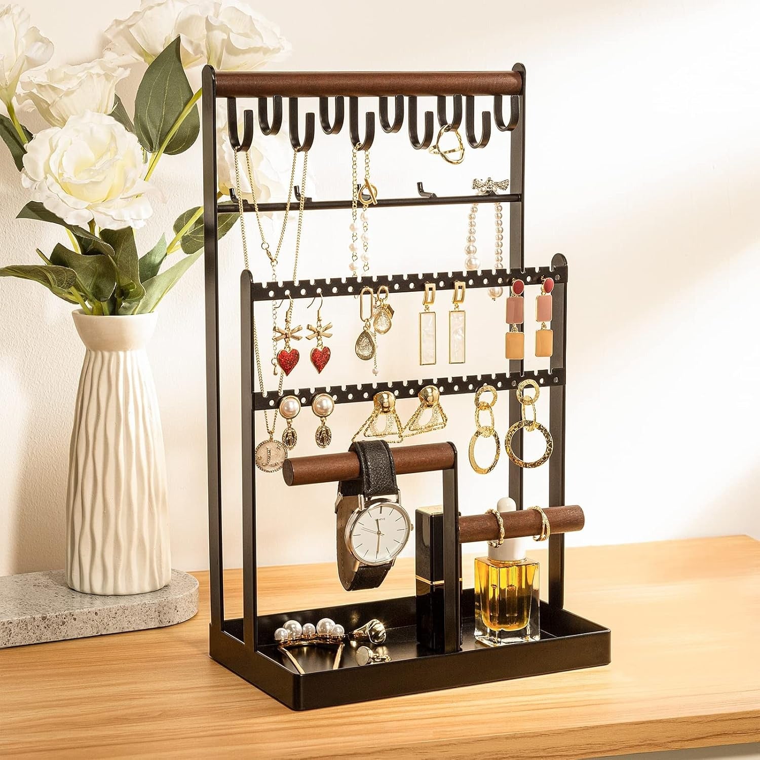 Schmuckständer Schmuckhalter für Ohrring Ohrstecker Ketten Schmuck Organizer Jewelry Ständer mit 15 Haken, 40 Löcher Ohrringhalter Schmuckaufbewahrung für Halsketten Armbänder Ringe