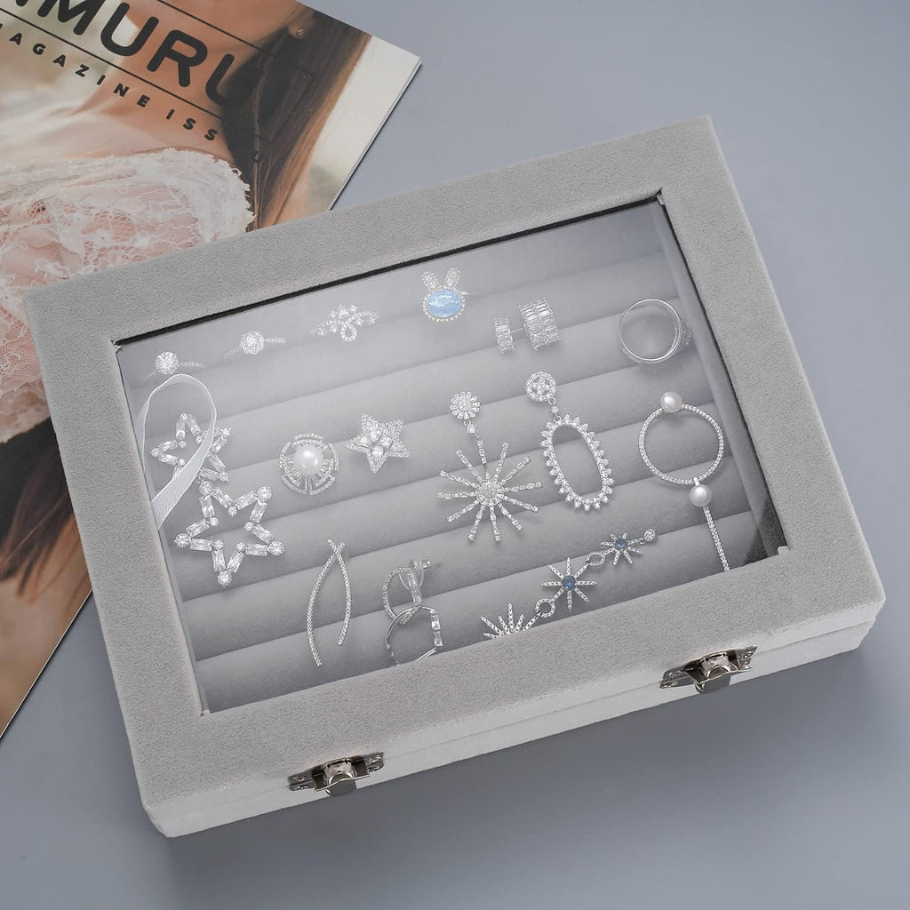 Schmuckkästchen, Ring Organizer, Schmuck Aufbewahrungsbox, abschließbarer Schmuck Organizer Samt, Ohrring Aufbewahrungsbox mit 7 Gittern, Vitrine für Schmuck