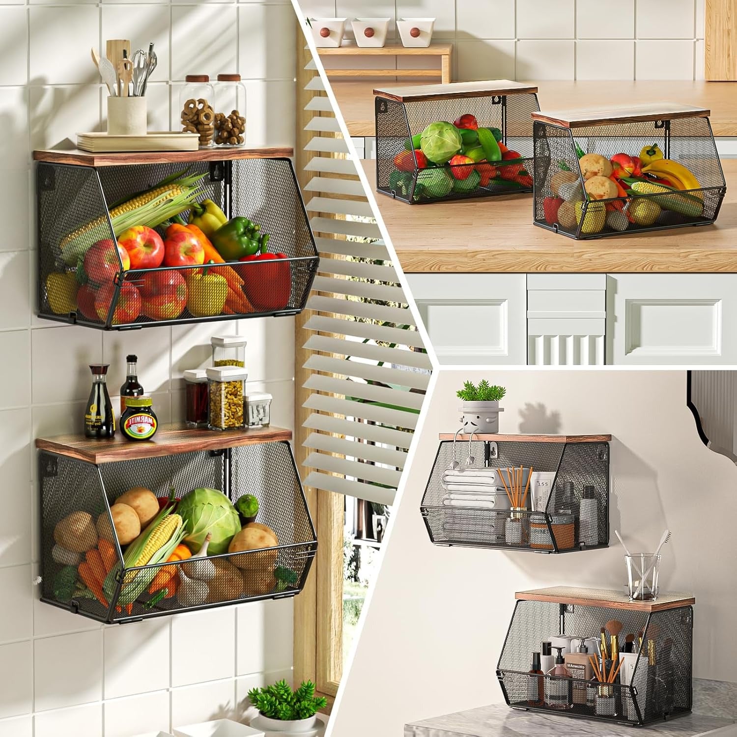 Stapelbarer Obstkorb für die Küche, platzsparend, wandmontierter Drahtkorb mit Holzdeckel, extra Stauraum, 2 Stück, Küchentheken-Organizer für Snacks, Zwiebeln und Kartoffeln