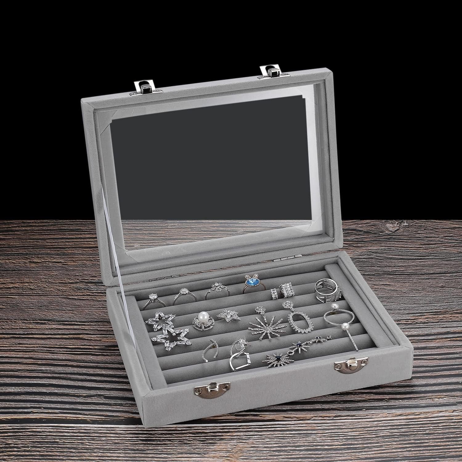 Schmuckkästchen, Ring Organizer, Schmuck Aufbewahrungsbox, abschließbarer Schmuck Organizer Samt, Ohrring Aufbewahrungsbox mit 7 Gittern, Vitrine für Schmuck