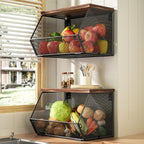 Stapelbarer Obstkorb für die Küche, platzsparend, wandmontierter Drahtkorb mit Holzdeckel, extra Stauraum, 2 Stück, Küchentheken-Organizer für Snacks, Zwiebeln und Kartoffeln