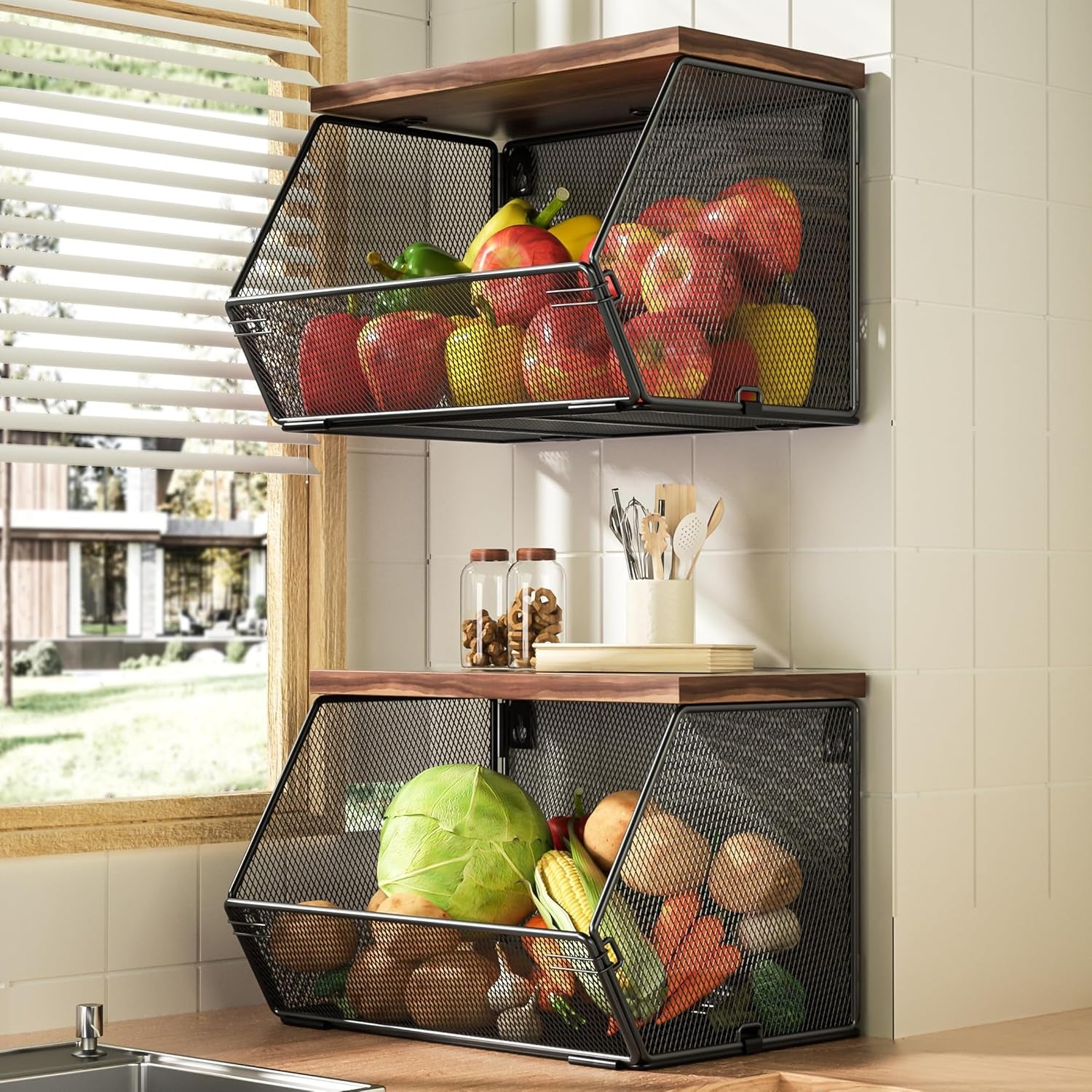 Stapelbarer Obstkorb für die Küche, platzsparend, wandmontierter Drahtkorb mit Holzdeckel, extra Stauraum, 2 Stück, Küchentheken-Organizer für Snacks, Zwiebeln und Kartoffeln