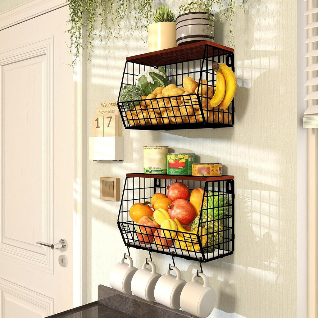Obstkorb Hängend 2 Etagere Obstkorb, Obstschale Hängekorb Küche, 2 Stück Küchen organizer Mit Holzdeckel Drahtkorb Stapelbar Wandmontierbar Zur Aufbewahrung Von Gemüse, Obst Und Snack