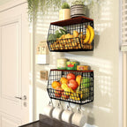 Obstkorb Hängend 2 Etagere Obstkorb, Obstschale Hängekorb Küche, 2 Stück Küchen organizer Mit Holzdeckel Drahtkorb Stapelbar Wandmontierbar Zur Aufbewahrung Von Gemüse, Obst Und Snack