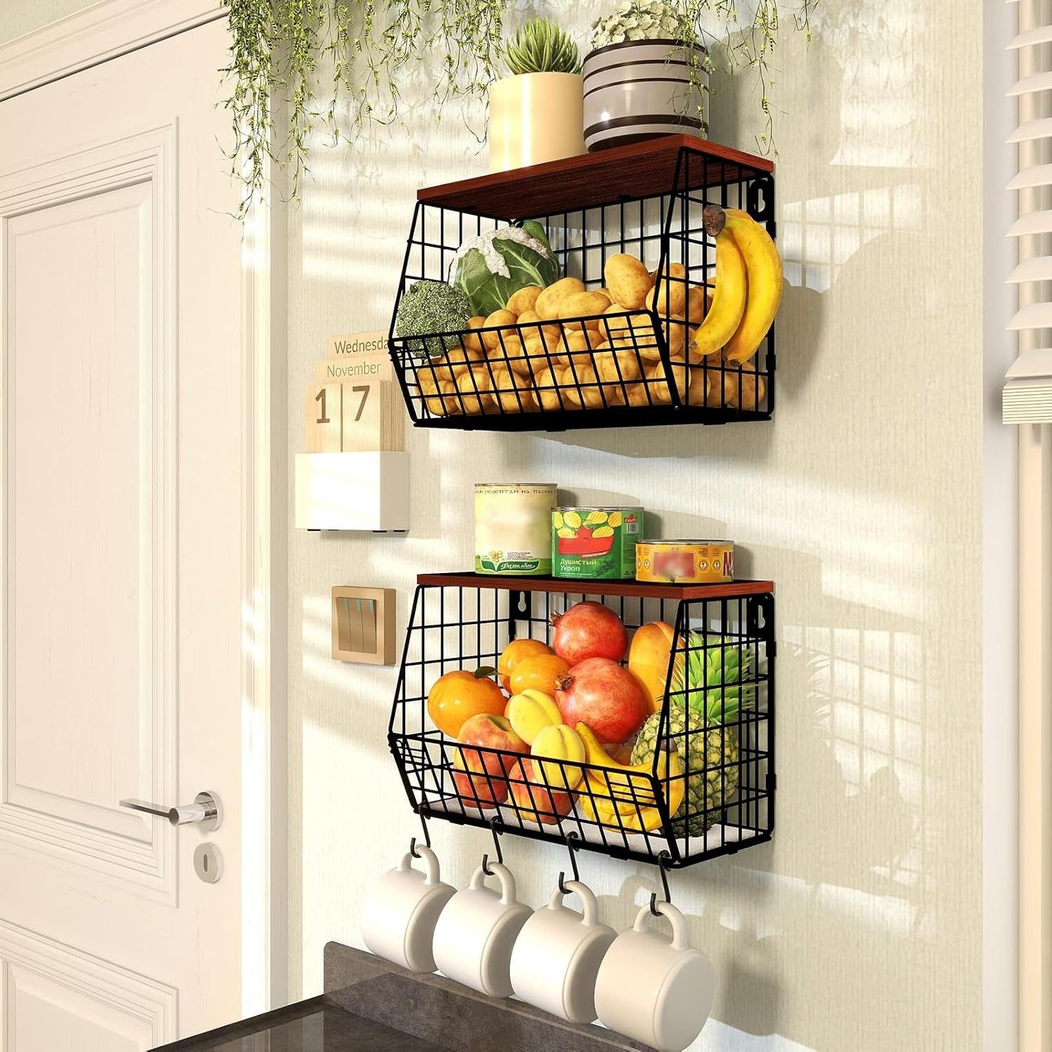 Obstkorb Hängend 2 Etagere Obstkorb, Obstschale Hängekorb Küche, 2 Stück Küchen organizer Mit Holzdeckel Drahtkorb Stapelbar Wandmontierbar Zur Aufbewahrung Von Gemüse, Obst Und Snack