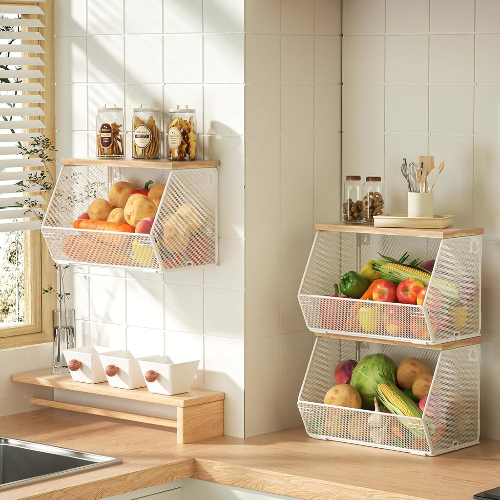 Stapelbarer Obstkorb für die Küche, platzsparend, wandmontierter Drahtkorb mit Holzdeckel, extra Stauraum, 2 Stück, Küchentheken-Organizer für Snacks, Zwiebeln und Kartoffeln