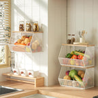 Stapelbarer Obstkorb für die Küche, platzsparend, wandmontierter Drahtkorb mit Holzdeckel, extra Stauraum, 2 Stück, Küchentheken-Organizer für Snacks, Zwiebeln und Kartoffeln