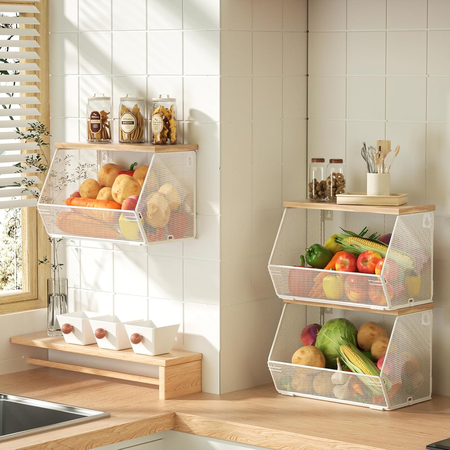 Stapelbarer Obstkorb für die Küche, platzsparend, wandmontierter Drahtkorb mit Holzdeckel, extra Stauraum, 2 Stück, Küchentheken-Organizer für Snacks, Zwiebeln und Kartoffeln