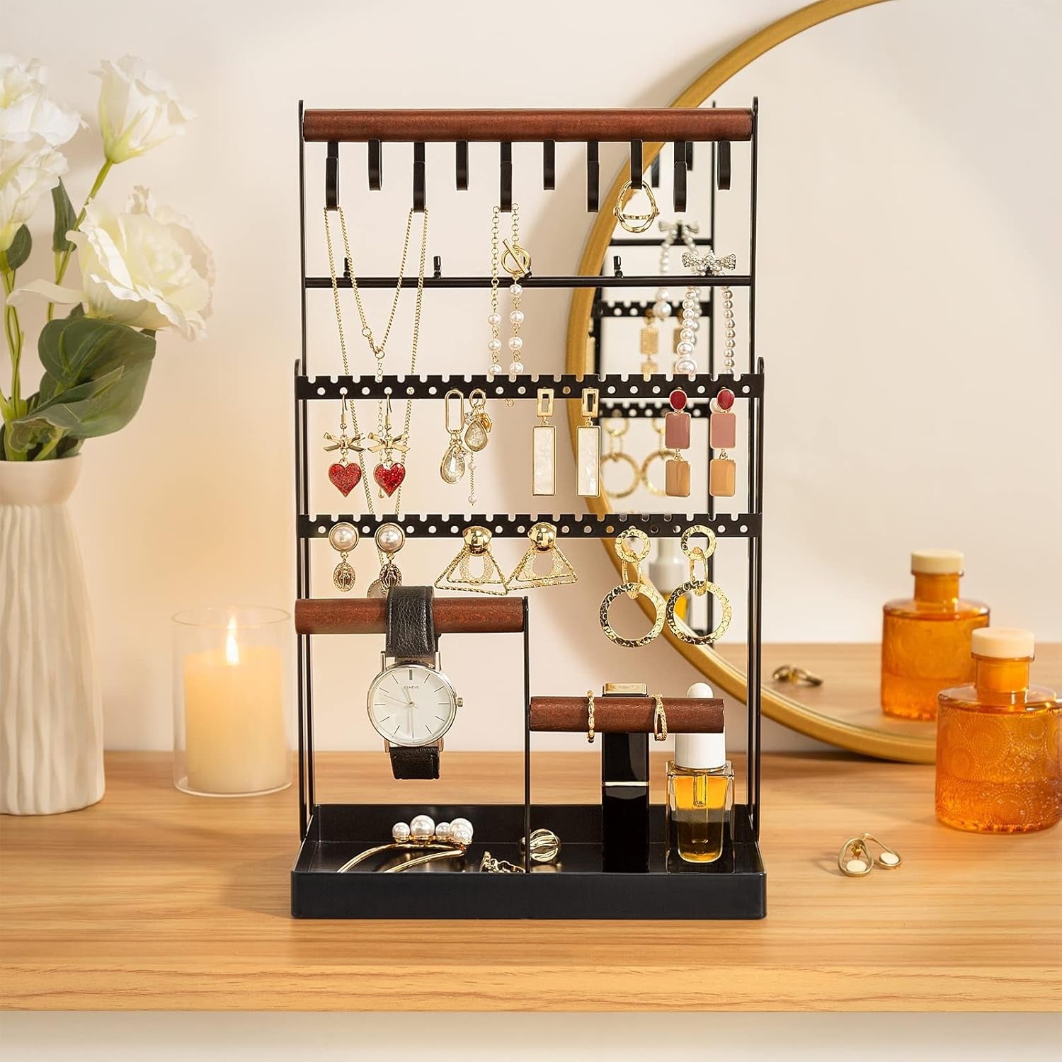 Schmuckständer Schmuckhalter für Ohrring Ohrstecker Ketten Schmuck Organizer Jewelry Ständer mit 15 Haken, 40 Löcher Ohrringhalter Schmuckaufbewahrung für Halsketten Armbänder Ringe