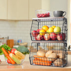 Obstkorb Hängend 2 Etagere Obstkorb, Obstschale Hängekorb Küche, 2 Stück Küchen organizer Mit Holzdeckel Drahtkorb Stapelbar Wandmontierbar Zur Aufbewahrung Von Gemüse, Obst Und Snack