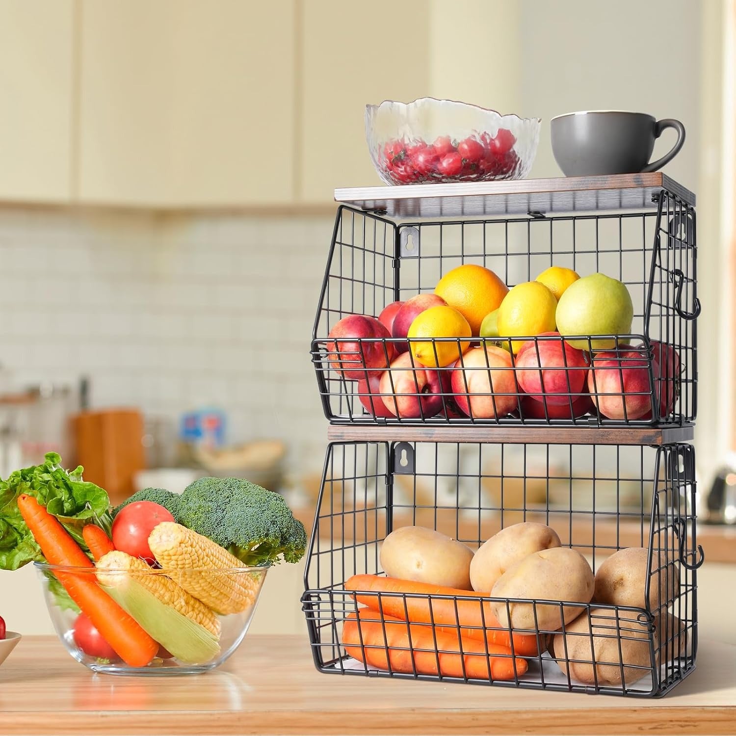 Obstkorb Hängend 2 Etagere Obstkorb, Obstschale Hängekorb Küche, 2 Stück Küchen organizer Mit Holzdeckel Drahtkorb Stapelbar Wandmontierbar Zur Aufbewahrung Von Gemüse, Obst Und Snack